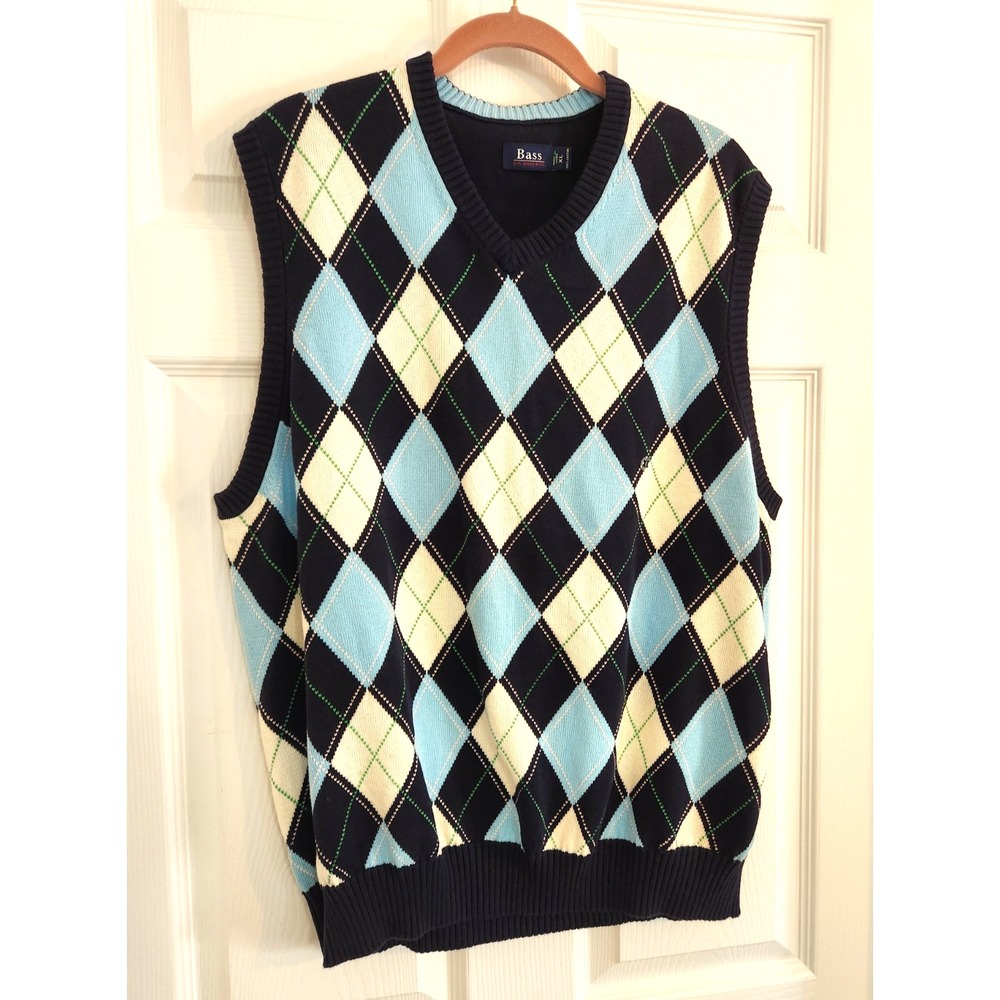 G.H Bass Cotton Sweater Vest Golf Men's XL Blue White Argyle V-Neck Old Money